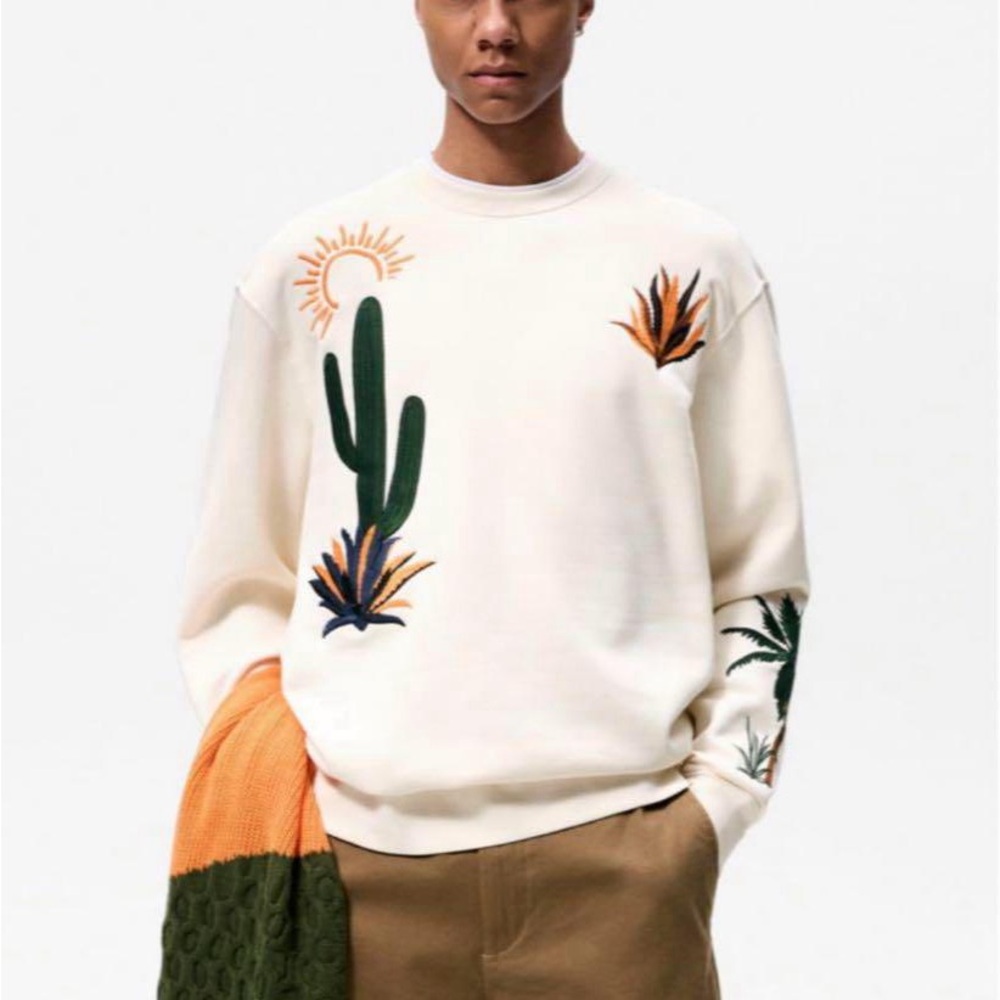 (A13) Zara Men's Cream Sweater with Cactus‎ Embroidery, Size Large, NWOT